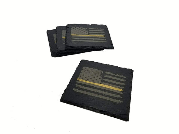 Dispatcher Thin Gold Line Distressed American Flag Slate Coaster Set