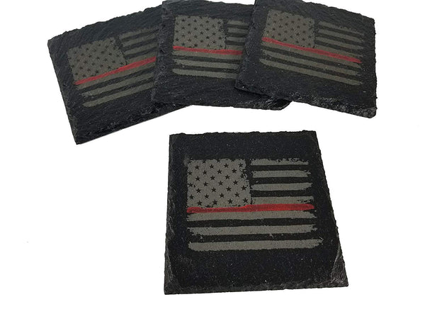 Firefighter Thin Red Line Distressed American Flag Slate Coaster Set