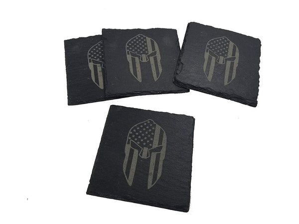 American Flag Spartan Gladiator Helmet Slate Coaster Set