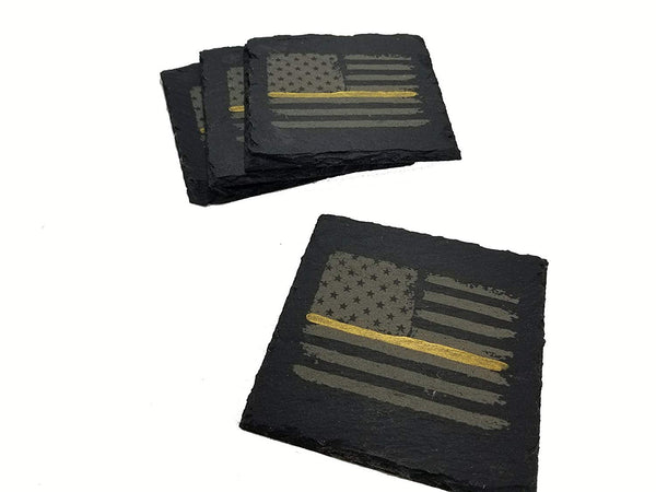 Dispatcher Thin Gold Line Distressed American Flag Slate Coaster Set