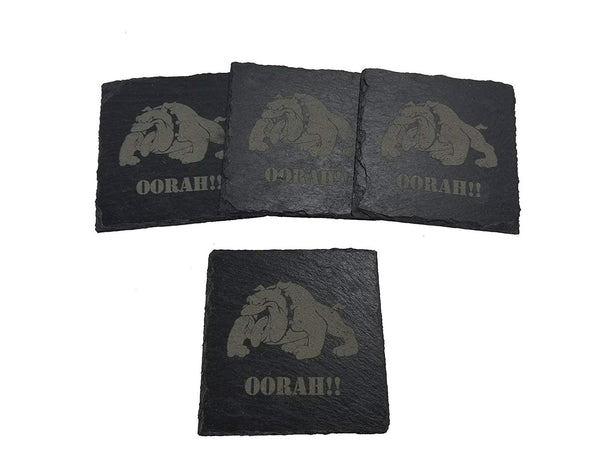 USMC Bulldog Oorah Slate Coaster Set - Marine Corps Slate Coasters