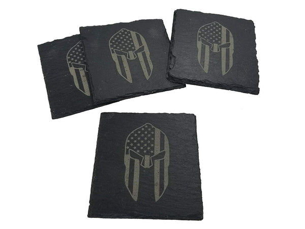 American Flag Spartan Gladiator Helmet Slate Coaster Set