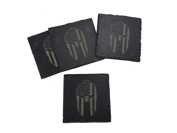 American Flag Spartan Gladiator Helmet Slate Coaster Set