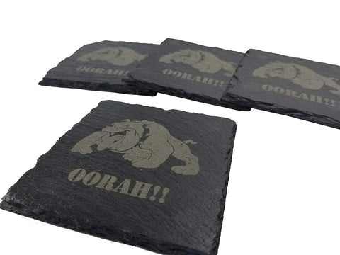 USMC Bulldog Oorah Slate Coaster Set - Marine Corps Slate Coasters