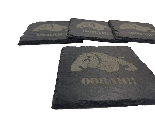 USMC Bulldog Oorah Slate Coaster Set - Marine Corps Slate Coasters