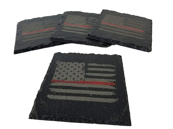 Firefighter Thin Red Line Distressed American Flag Slate Coaster Set