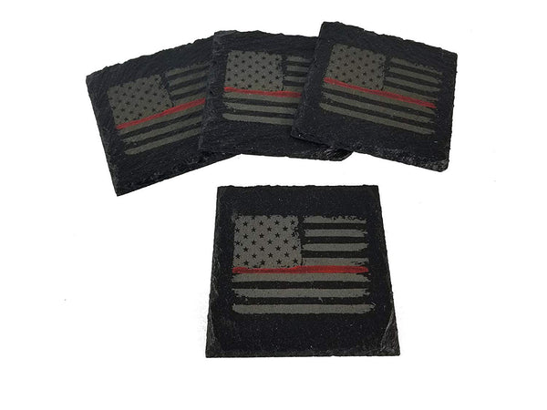 Firefighter Thin Red Line Distressed American Flag Slate Coaster Set