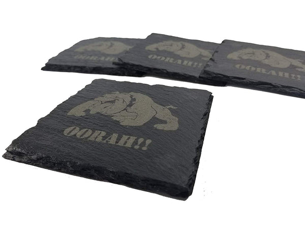 USMC Bulldog Oorah Slate Coaster Set - Marine Corps Slate Coasters