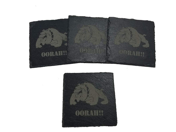 USMC Bulldog Oorah Slate Coaster Set - Marine Corps Slate Coasters