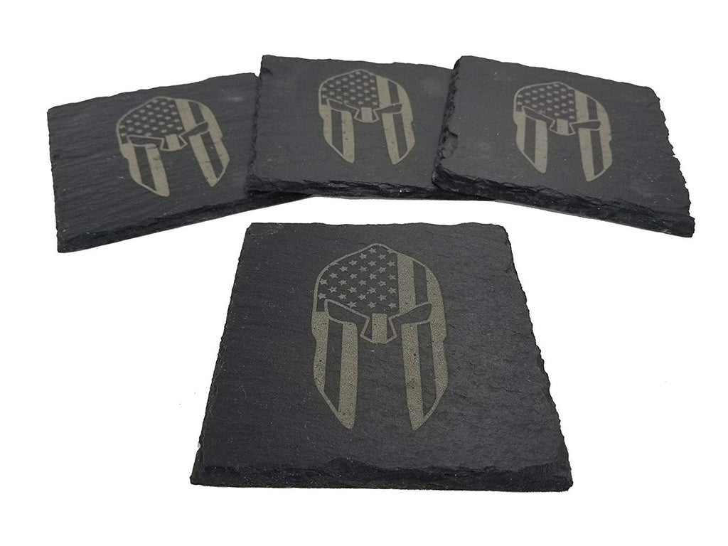 American Flag Spartan Gladiator Helmet Slate Coaster Set