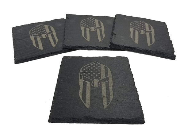 American Flag Spartan Gladiator Helmet Slate Coaster Set