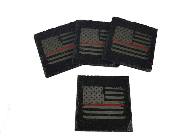 Firefighter Thin Red Line Distressed American Flag Slate Coaster Set