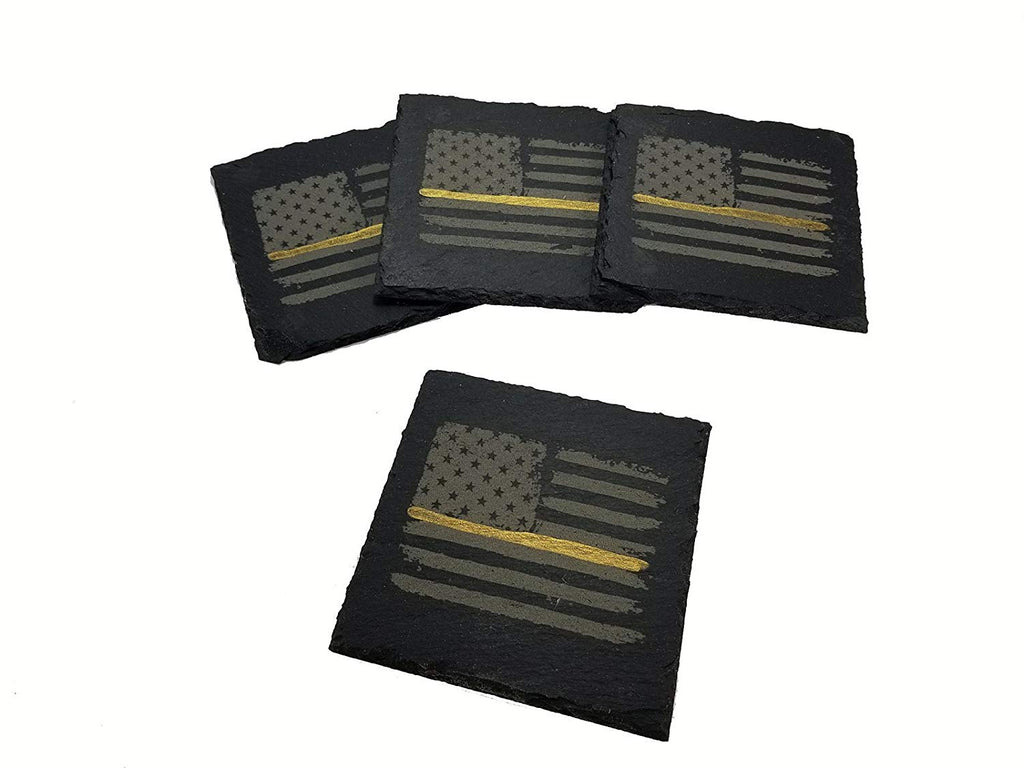 Dispatcher Thin Gold Line Distressed American Flag Slate Coaster Set
