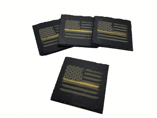 Dispatcher Thin Gold Line Distressed American Flag Slate Coaster Set