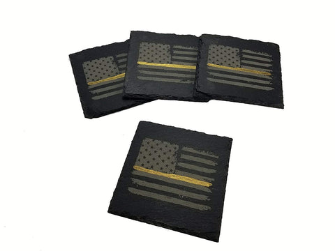 Dispatcher Thin Gold Line Distressed American Flag Slate Coaster Set