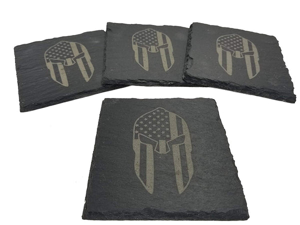 American Flag Spartan Gladiator Helmet Slate Coaster Set
