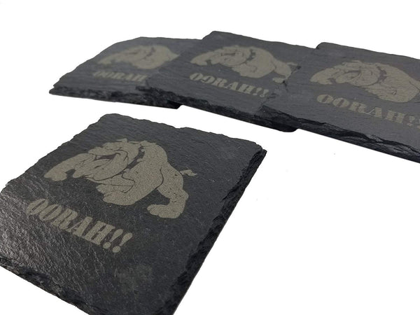 USMC Bulldog Oorah Slate Coaster Set - Marine Corps Slate Coasters