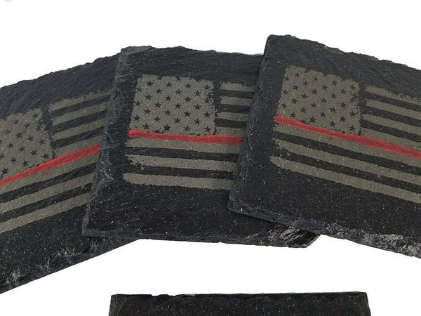 Firefighter Thin Red Line Distressed American Flag Slate Coaster Set