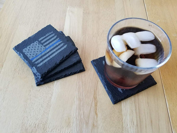 Police Thin Blue Line Distressed American Flag Slate Coaster Set
