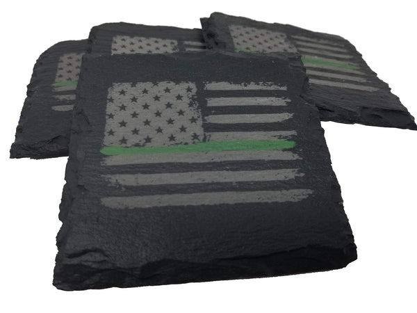 Green Line Distressed American Flag Slate Coaster Set