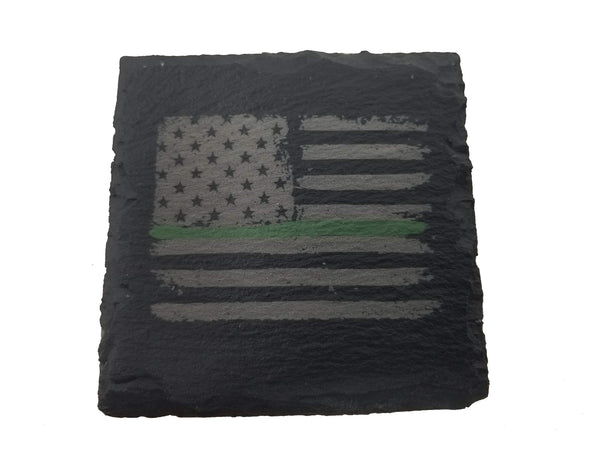 Green Line Distressed American Flag Slate Coaster Set
