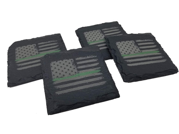 Green Line Distressed American Flag Slate Coaster Set