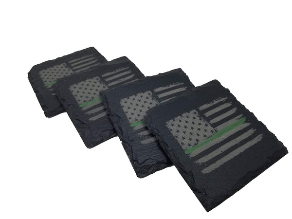 Green Line Distressed American Flag Slate Coaster Set