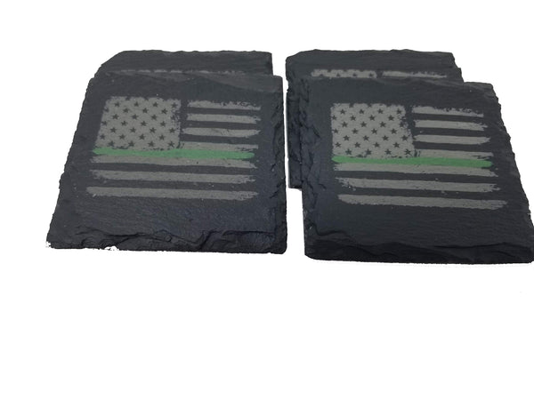 Green Line Distressed American Flag Slate Coaster Set