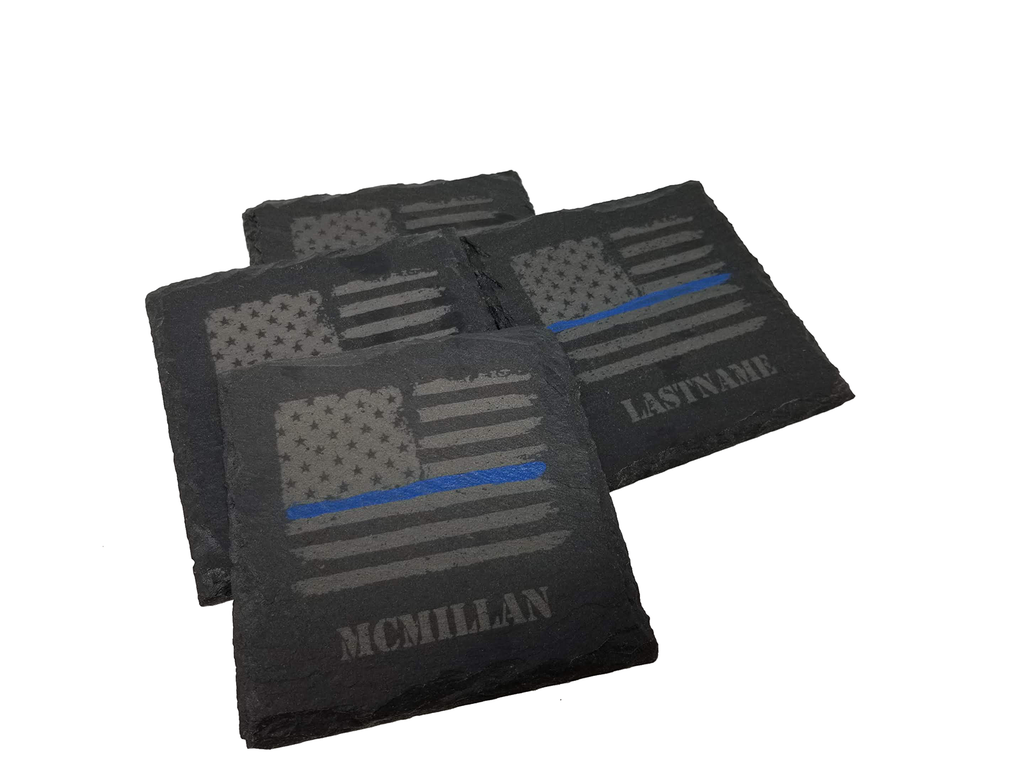 Personalized Police Thin Blue Line Distressed American Flag Slate Coaster Set