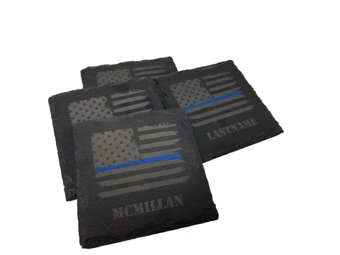 Personalized Police Thin Blue Line Distressed American Flag Slate Coaster Set